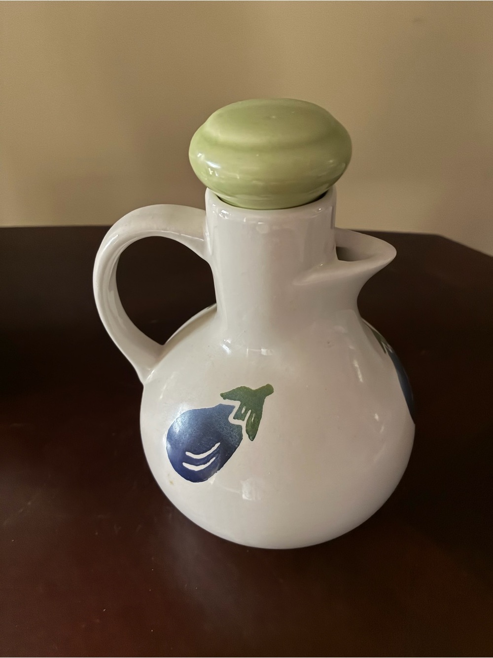 White Ceramic Olive Oil Cruet with Green Lid and Blue Eggplant Motif